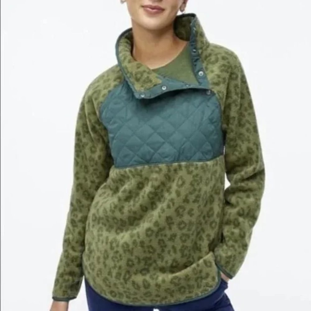 J Crew Green Leopard Print Snap Fleece Pullover Sweatshirt New Size X Small
